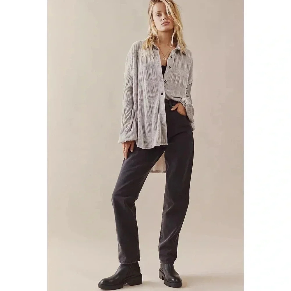 New Free People Velvet Long-Sleeve Button-down Top Chrome Grey Medium - Picture 15 of 15